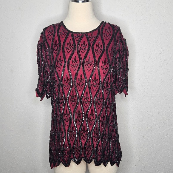 Stenay Petite Tops - Stenay Petite Vintage Beaded Sequin Silk Blouse Burgundy‎ Black Scalloped PL